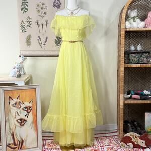 Vintage 70s 80s Off Shoulder Prom Princess Dress Garden Party Dolly Coquette S